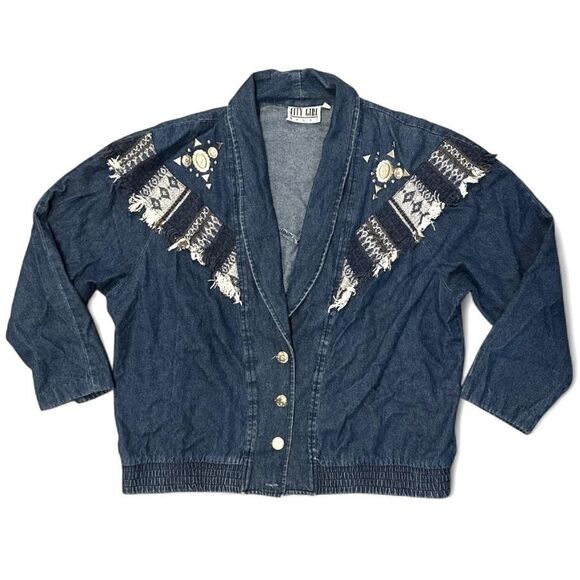 Vintage 90s Denim Aztec Jacket Sz14 Southwest Embroidered 90s fringe embellished - Picture 1 of 11